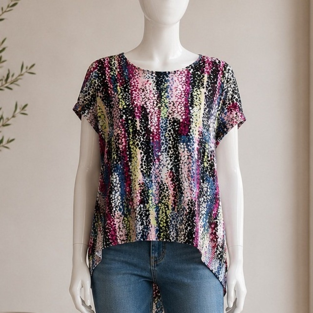 Philosophy Woman Womens Blouse Abstract Animal Print Short Sleeve Pink Black 1X